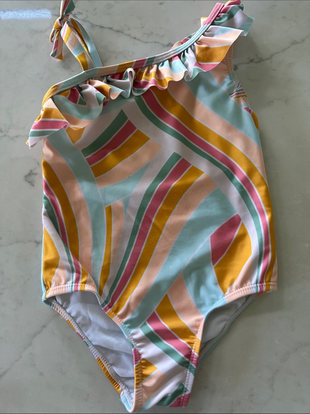 wonder nation Pastel Stripe One-Shoulder Ruffle Swimsuit - Mint, Pink, Mustard